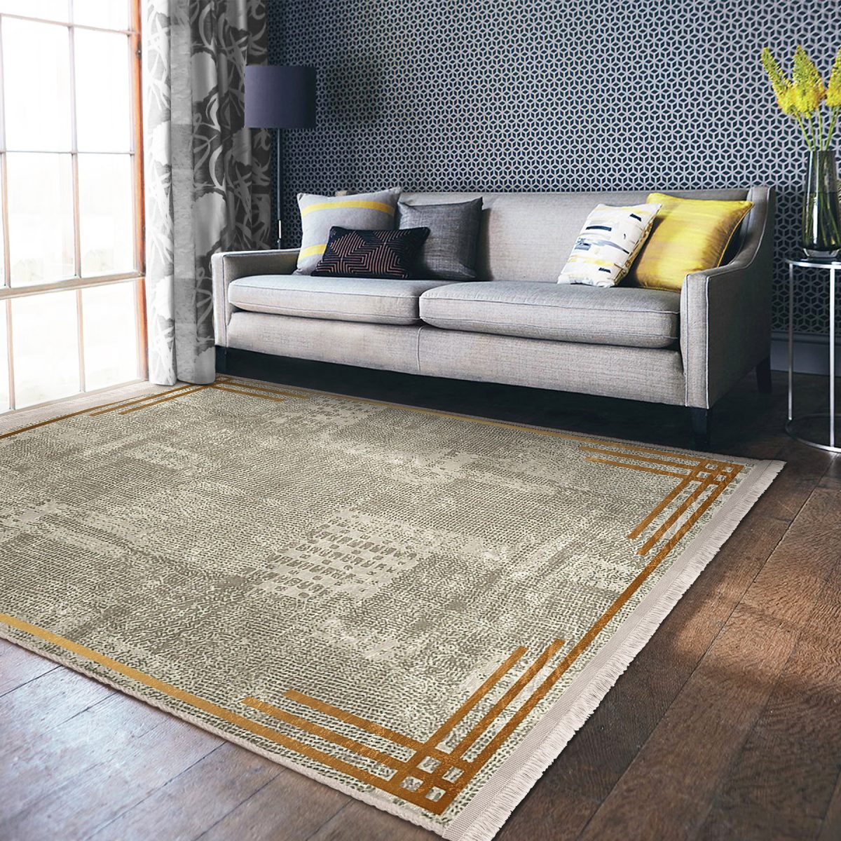 Krem - Gold Zeminde Çerçeveli Motifli Kilim Desenli Geometrik Sade & Şık Salon & Oturma Odası Yatak Odası Dijital Baskılı Makinede Yıkanabilir Kaymaz Taban Saçaklı Halı Realhomes