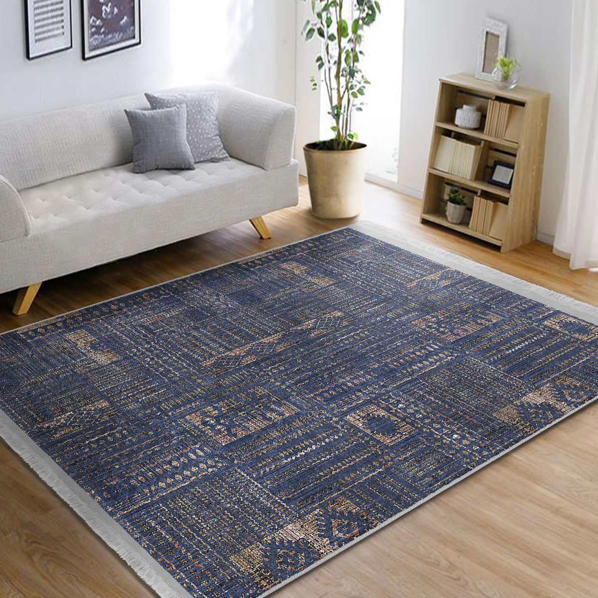 Mavi Zeminde Kilim Motifli Hereke Desenli Etnik Motifler Vintage Salon & Oturma Odası Koridor & Antre Dijital Baskılı Makinede Yıkanabilir Kaymaz Taban Saçaklı Halı Realhomes