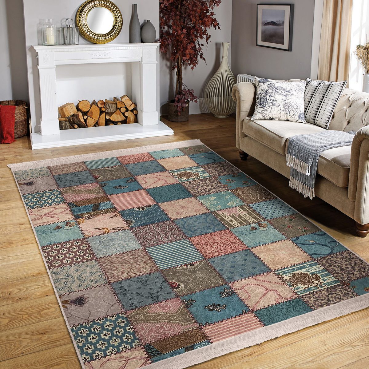 Otantik Zeminde Patchwork Motifli Geleneksel Desenli Etnik Motifler Vintage Salon & Oturma Odası Koridor & Antre Dijital Baskılı Makinede Yıkanabilir Kaymaz Taban Saçaklı Halı Realhomes