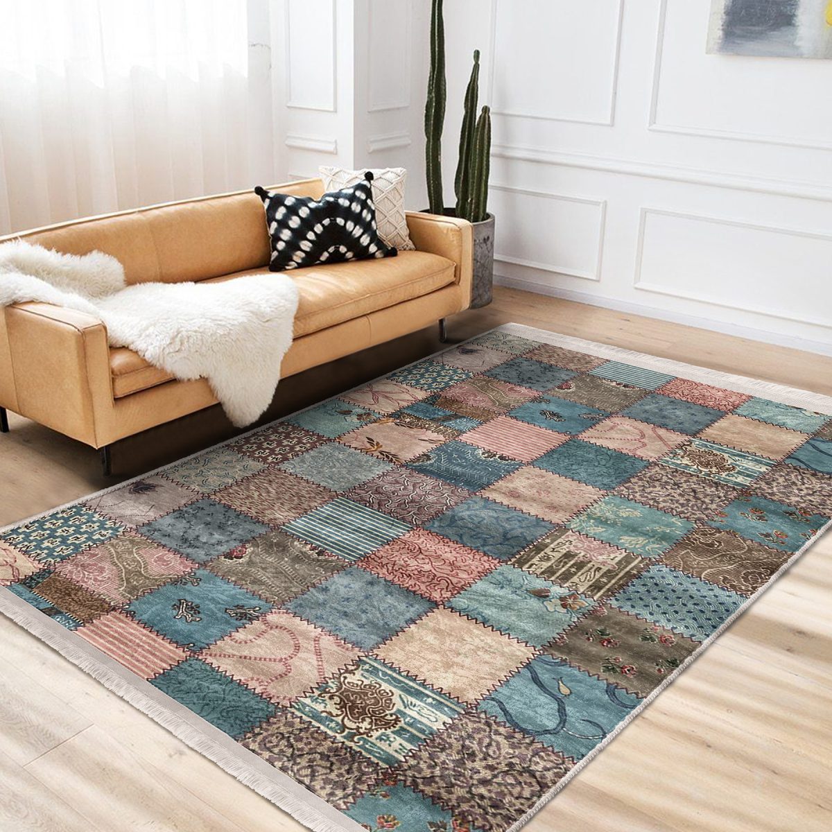 Otantik Zeminde Patchwork Motifli Geleneksel Desenli Etnik Motifler Vintage Salon & Oturma Odası Koridor & Antre Dijital Baskılı Makinede Yıkanabilir Kaymaz Taban Saçaklı Halı Realhomes