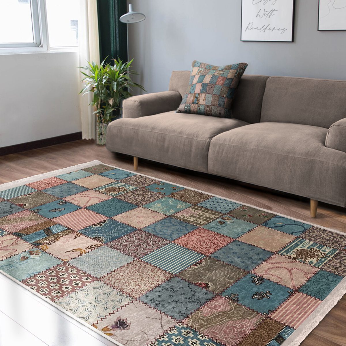 Otantik Zeminde Patchwork Motifli Geleneksel Desenli Etnik Motifler Vintage Salon & Oturma Odası Koridor & Antre Dijital Baskılı Makinede Yıkanabilir Kaymaz Taban Saçaklı Halı Realhomes