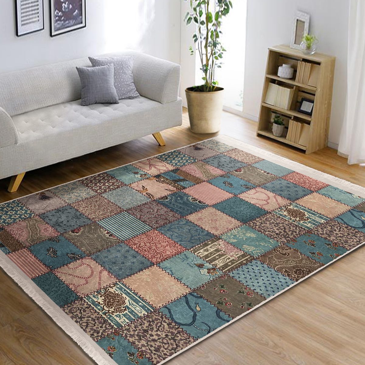 Otantik Zeminde Patchwork Motifli Geleneksel Desenli Etnik Motifler Vintage Salon & Oturma Odası Koridor & Antre Dijital Baskılı Makinede Yıkanabilir Kaymaz Taban Saçaklı Halı Realhomes