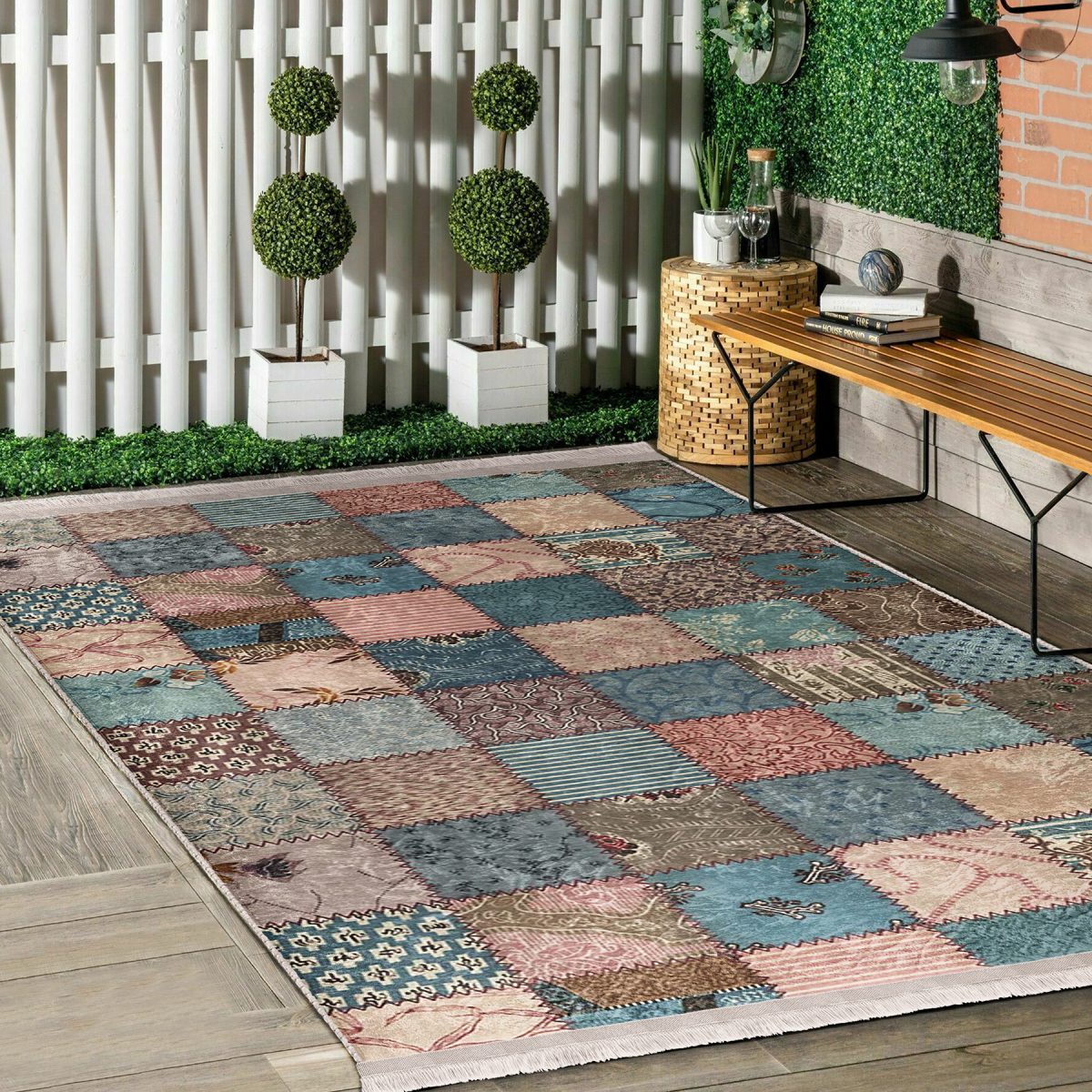 Otantik Zeminde Patchwork Motifli Geleneksel Desenli Etnik Motifler Vintage Salon & Oturma Odası Koridor & Antre Dijital Baskılı Makinede Yıkanabilir Kaymaz Taban Saçaklı Halı Realhomes