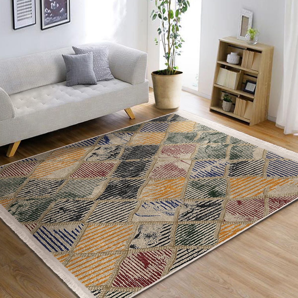 Geleneksel Zeminde Kilim Motifli Patchwork Desenli Vintage Klasik Salon & Oturma Odası Koridor & Antre Dijital Baskılı Makinede Yıkanabilir Kaymaz Taban Saçaklı Halı Realhomes