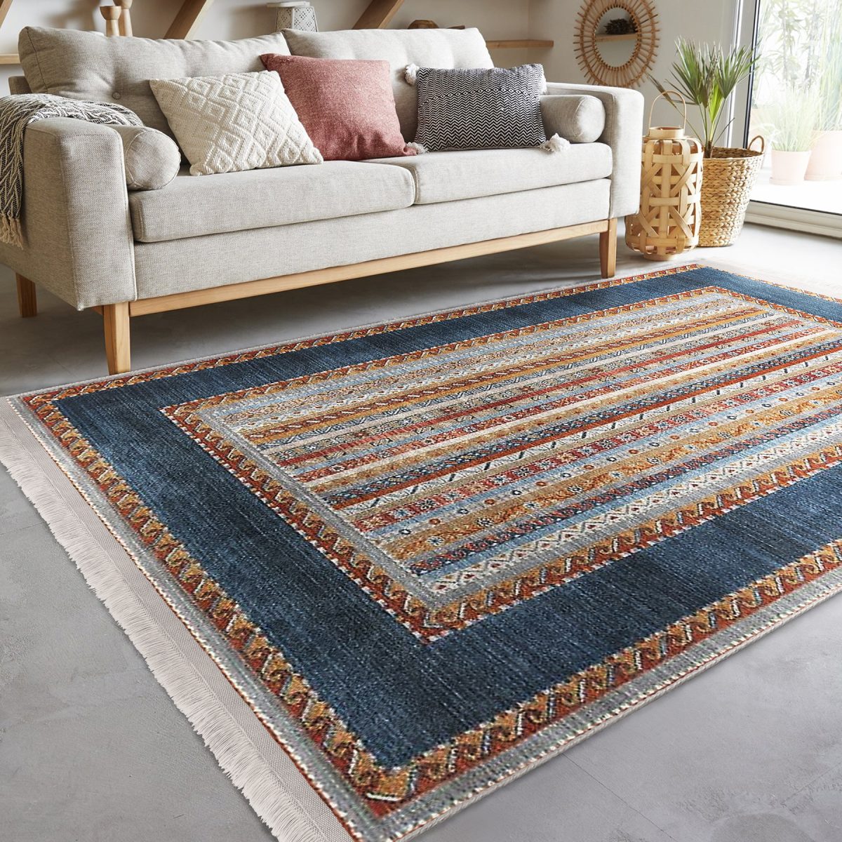 Mavi Zeminde Kilim Motifli Dokuma Desenli Etnik Motifler Avangarde Salon & Oturma Odası Mutfak Dijital Baskılı Makinede Yıkanabilir Kaymaz Taban Saçaklı Halı Realhomes