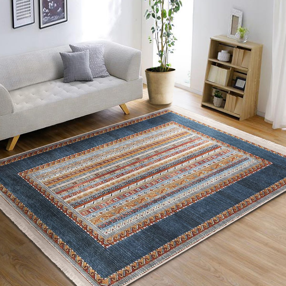 Mavi Zeminde Kilim Motifli Dokuma Desenli Etnik Motifler Avangarde Salon & Oturma Odası Mutfak Dijital Baskılı Makinede Yıkanabilir Kaymaz Taban Saçaklı Halı Realhomes