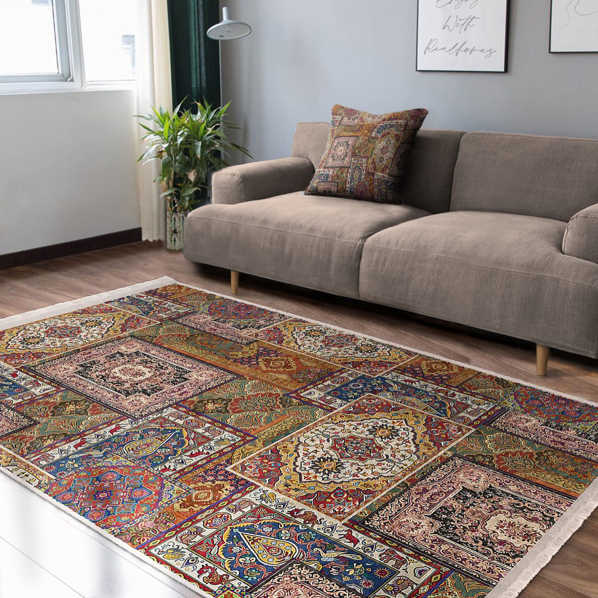 Otantik Zeminde Geleneksel Motifli Patchwork Desenli Vintage Etnik Motifler Salon & Oturma Odası Dış Mekan & Outdoor Dijital Baskılı Makinede Yıkanabilir Kaymaz Taban Saçaklı Halı Realhomes