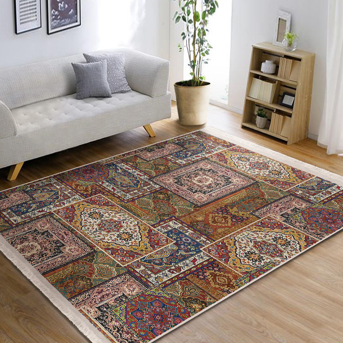 Otantik Zeminde Geleneksel Motifli Patchwork Desenli Vintage Etnik Motifler Salon & Oturma Odası Dış Mekan & Outdoor Dijital Baskılı Makinede Yıkanabilir Kaymaz Taban Saçaklı Halı Realhomes