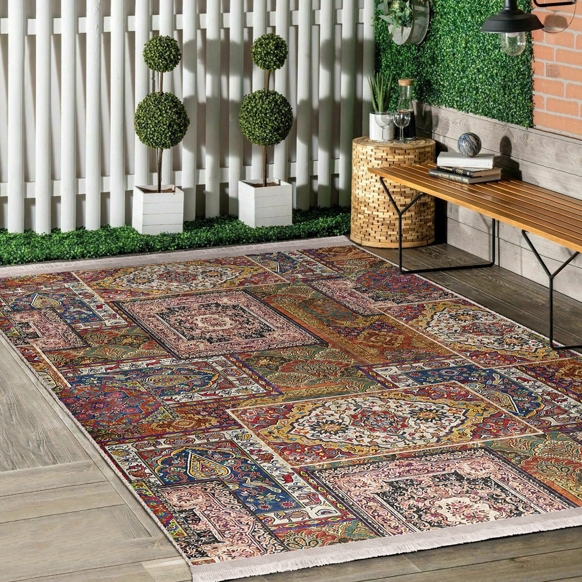 Otantik Zeminde Geleneksel Motifli Patchwork Desenli Vintage Etnik Motifler Salon & Oturma Odası Dış Mekan & Outdoor Dijital Baskılı Makinede Yıkanabilir Kaymaz Taban Saçaklı Halı Realhomes