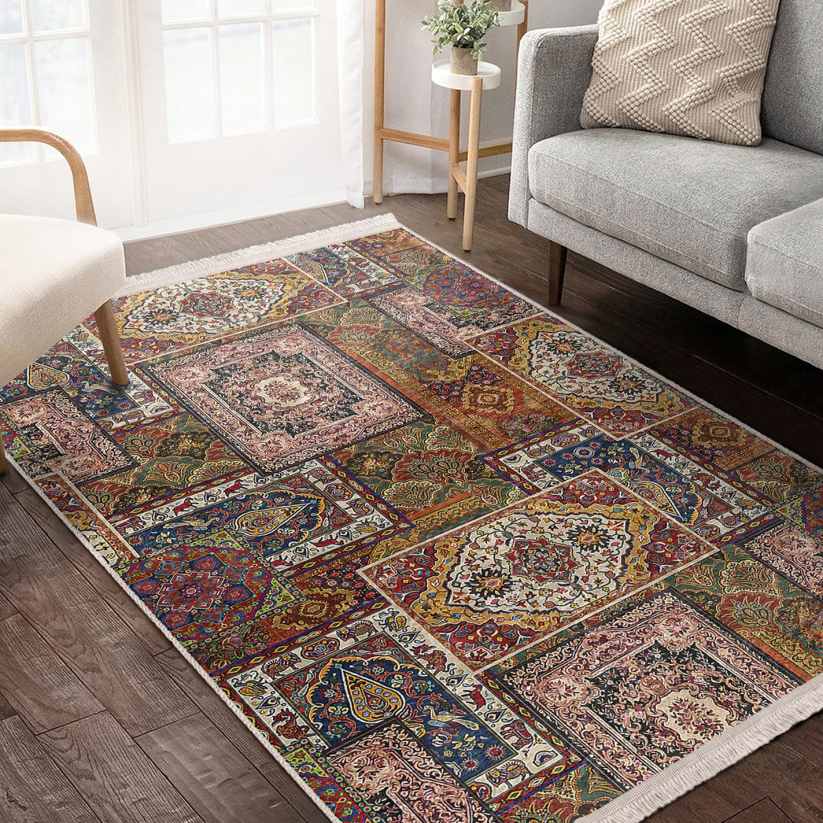 Otantik Zeminde Geleneksel Motifli Patchwork Desenli Vintage Etnik Motifler Salon & Oturma Odası Dış Mekan & Outdoor Dijital Baskılı Makinede Yıkanabilir Kaymaz Taban Saçaklı Halı Realhomes