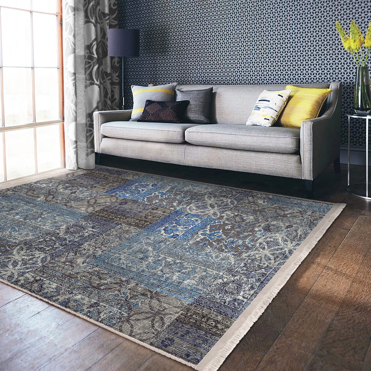 Mavi - Gri Zeminde Patchwork Motifli Etnik Desenli Vintage Eskitme Motifli Koridor & Antre Salon & Oturma Odası Dijital Baskılı Makinede Yıkanabilir Kaymaz Taban Saçaklı Halı Realhomes