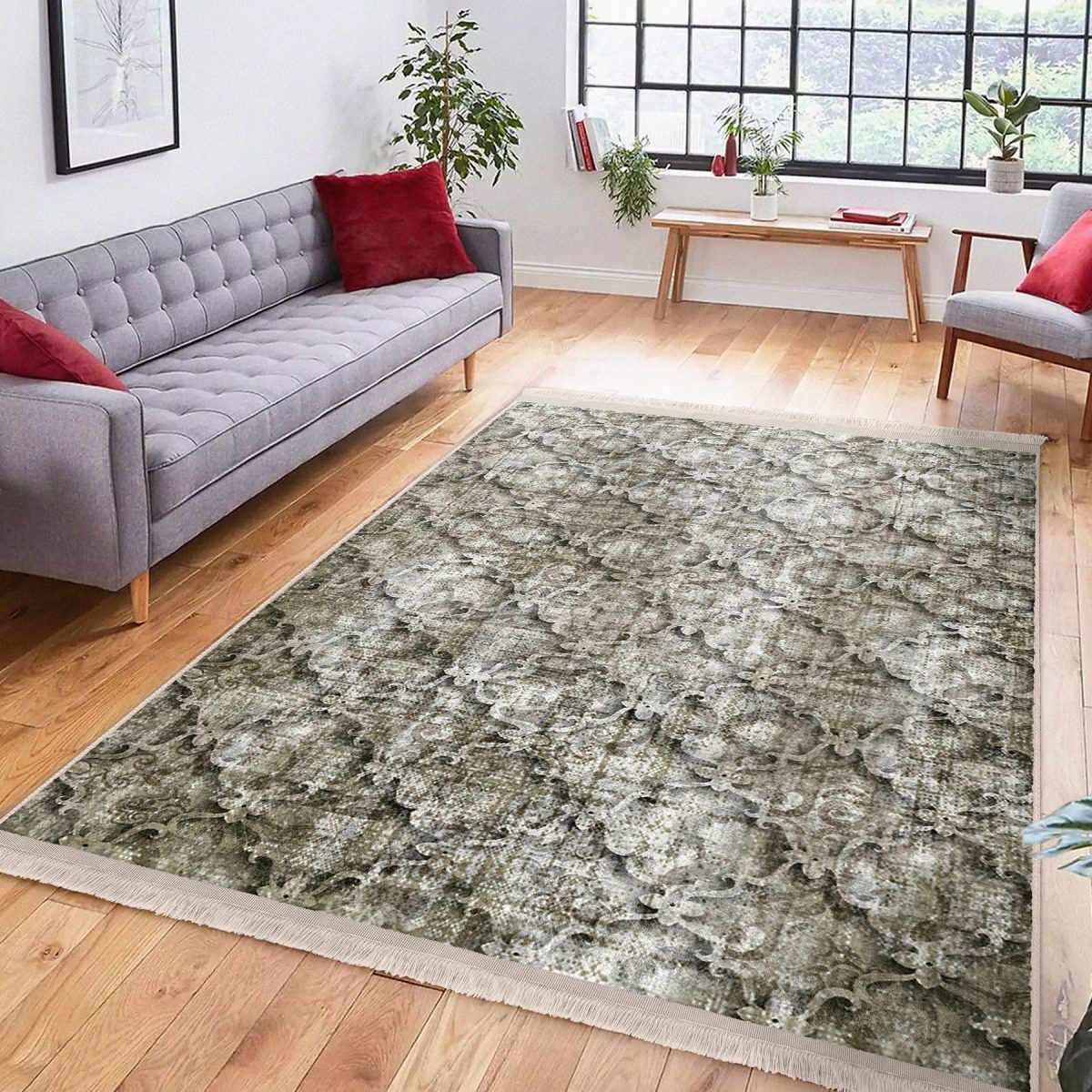 Krem Zeminde Etnik Motifli Eskitme Desenli Eskitme Motifli Geometrik Salon & Oturma Odası Koridor & Antre Dijital Baskılı Makinede Yıkanabilir Kaymaz Taban Saçaklı Halı Realhomes