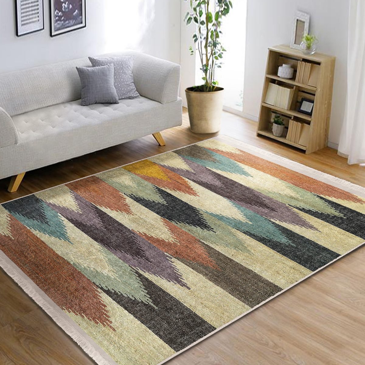 Örgü Zeminde Patchwork Motifli Kilim Desenli Vintage Sade & Şık Salon & Oturma Odası Koridor & Antre Dijital Baskılı Makinede Yıkanabilir Kaymaz Taban Saçaklı Halı Realhomes