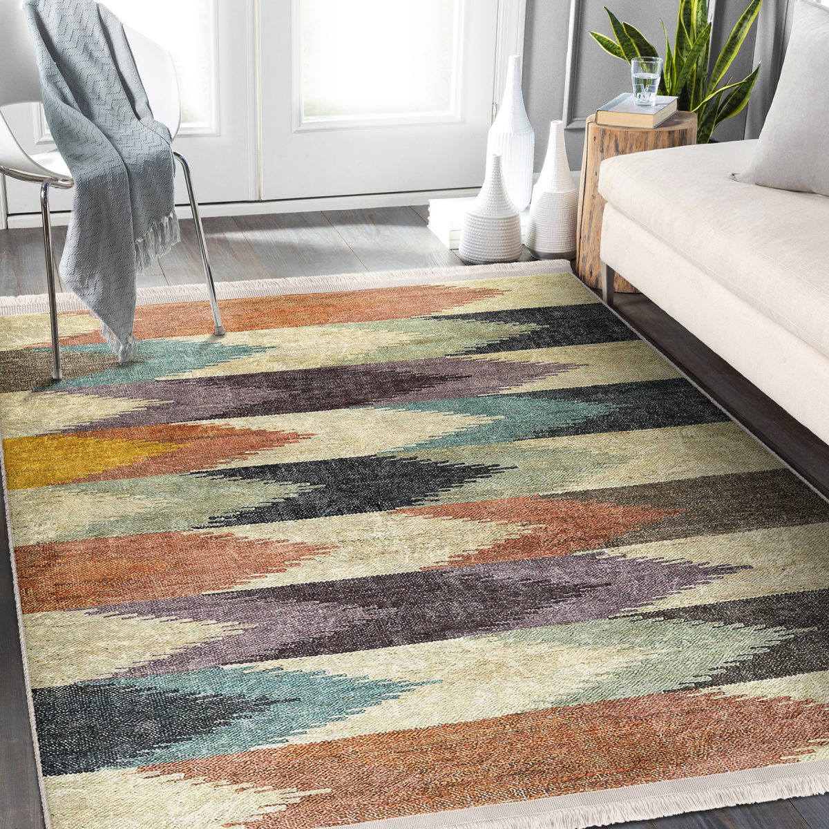 Örgü Zeminde Patchwork Motifli Kilim Desenli Vintage Sade & Şık Salon & Oturma Odası Koridor & Antre Dijital Baskılı Makinede Yıkanabilir Kaymaz Taban Saçaklı Halı Realhomes