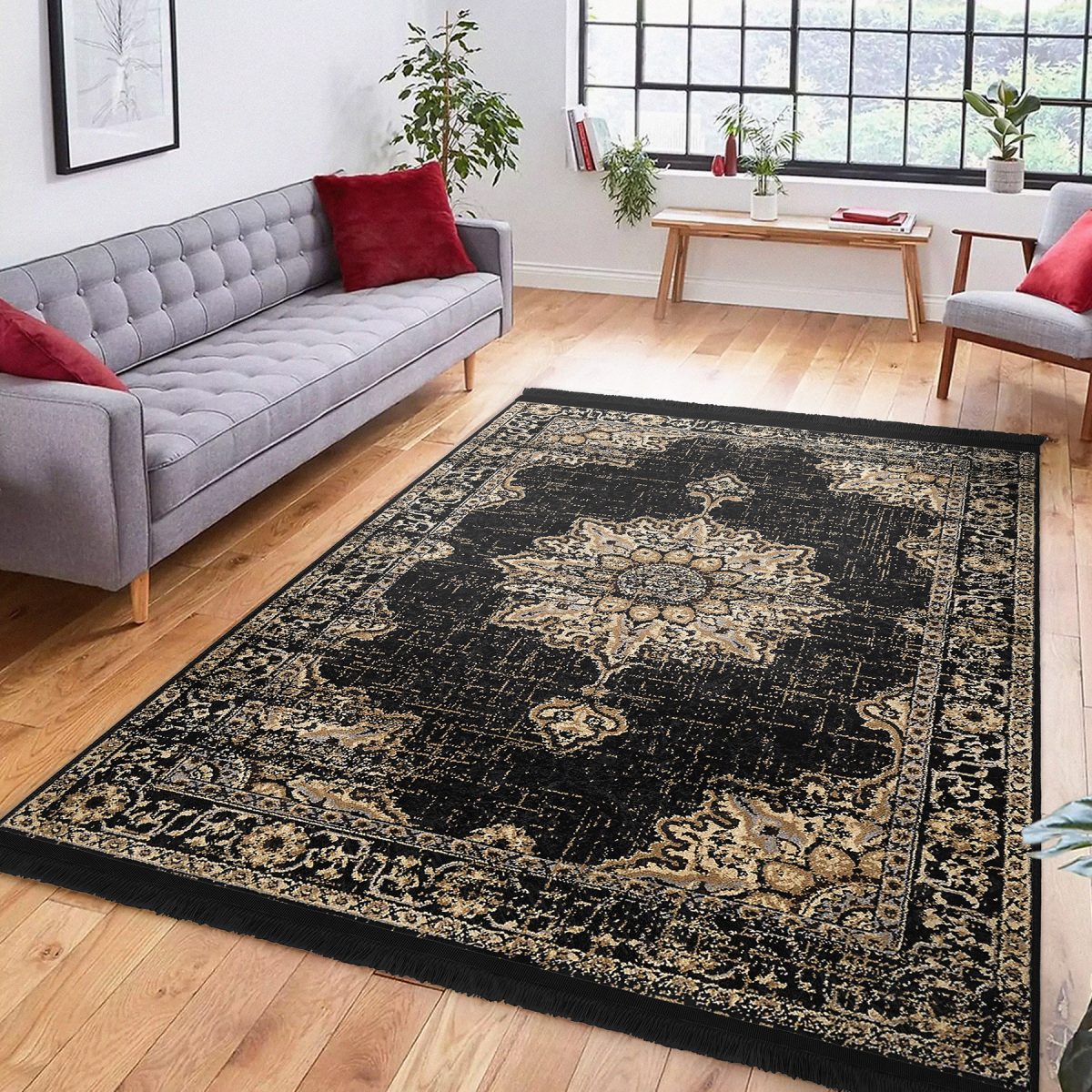 Siyah - Krem Zeminde Geleneksel Motifli Osmanlı Desenli Avangarde Eskitme Motifli Salon & Oturma Odası Dış Mekan & Outdoor Dijital Baskılı Makinede Yıkanabilir Kaymaz Taban Saçaklı Halı Realhomes
