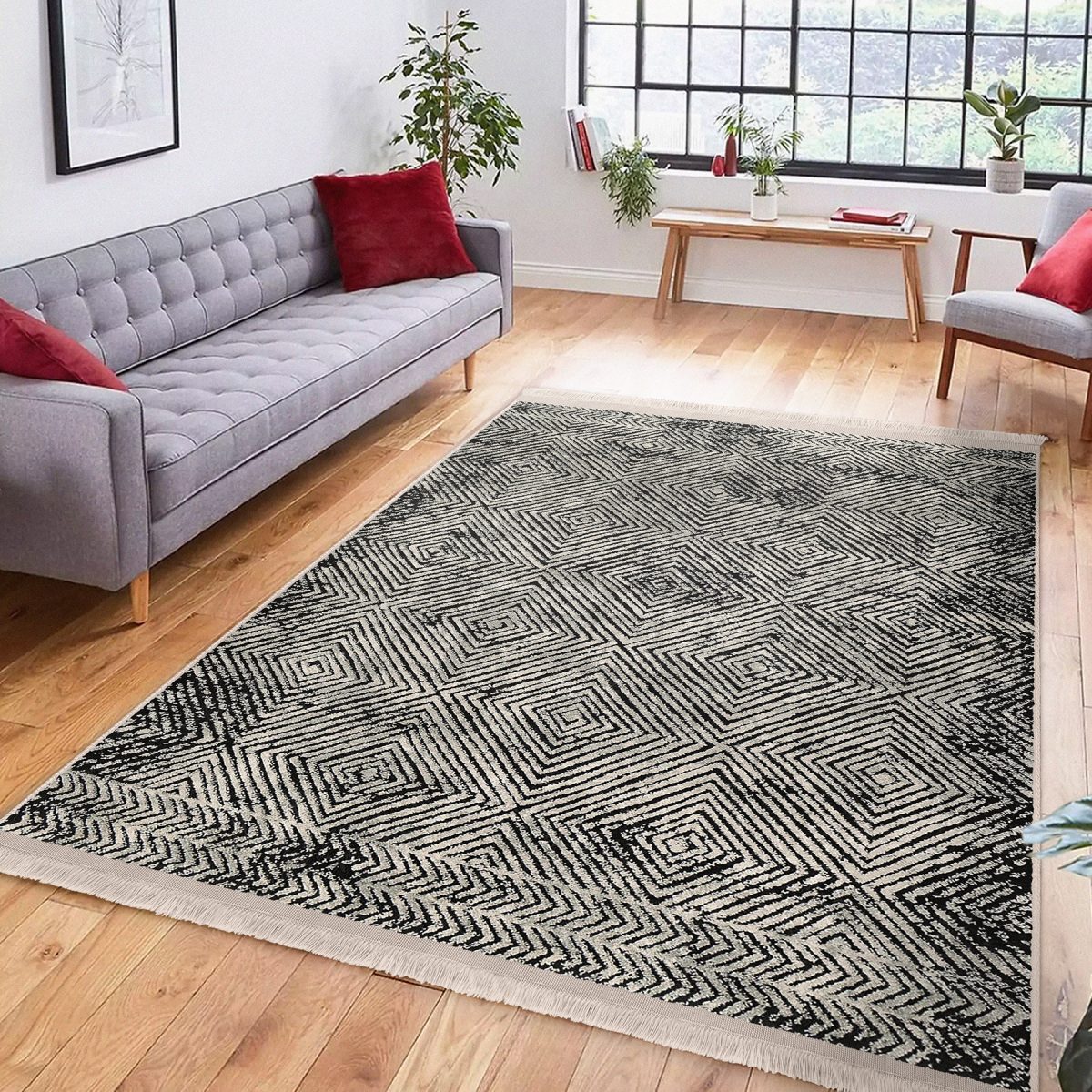 Ekru - Siyah Zeminde Kilim Motifli Dokuma Halı Desenli Geometrik Vintage Salon & Oturma Odası Dış Mekan & Outdoor Dijital Baskılı Makinede Yıkanabilir Kaymaz Taban Saçaklı Halı Realhomes