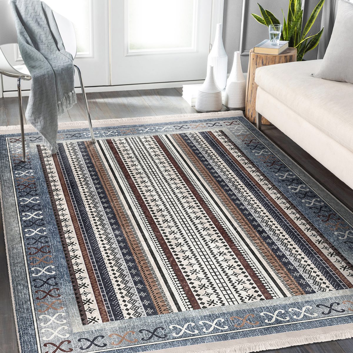 Mavi Zeminde Kilim Motifli Hereke Desenli Etnik Motifler Avangarde Salon & Oturma Odası Yatak Odası Dijital Baskılı Makinede Yıkanabilir Kaymaz Taban Saçaklı Halı Realhomes