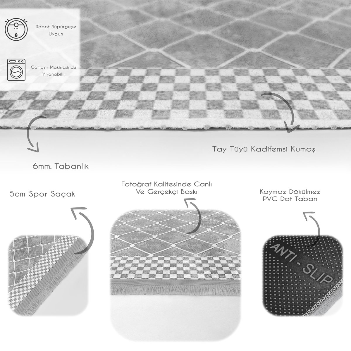Gri - Beyaz Zeminde Çerçeveli Motifli Geometrik Desenli Geometrik Sade & Şık Salon & Oturma Odası Mutfak Dijital Baskılı Makinede Yıkanabilir Kaymaz Taban Saçaklı Halı Realhomes