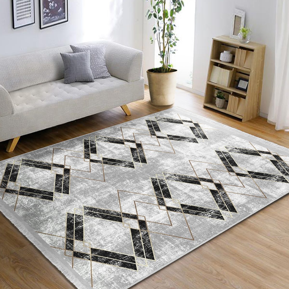 Siyah - Gri Zeminde Mermer Motifli Eskitme Desenli Geometrik Eskitme Motifli Koridor & Antre Salon & Oturma Odası Dijital Baskılı Makinede Yıkanabilir Kaymaz Taban Saçaklı Halı Realhomes