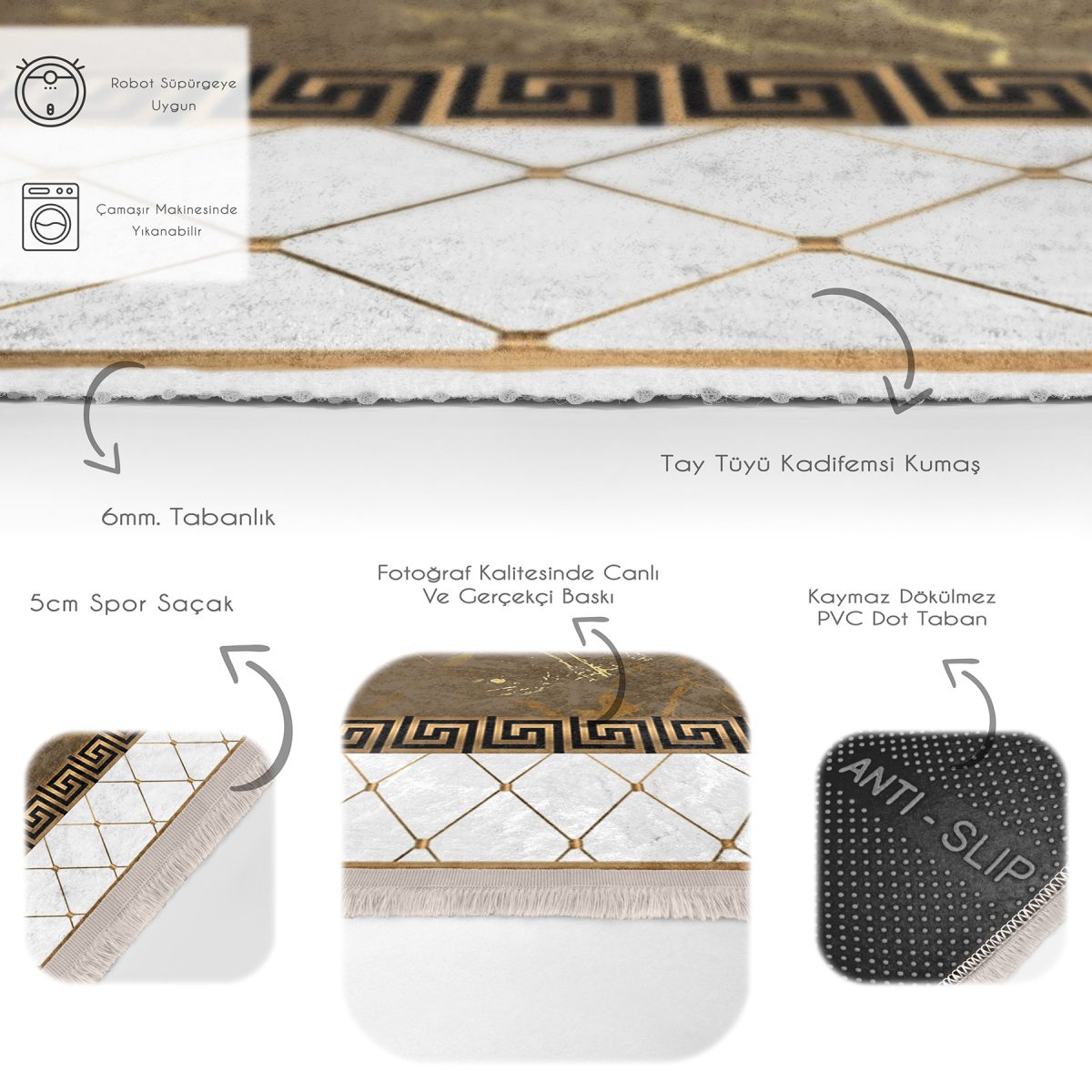 Beyaz- Gold Zeminde Çerçeveli Motifli Otantik Desenli Geometrik Klasik Salon & Oturma Odası Yatak Odası Dijital Baskılı Makinede Yıkanabilir Kaymaz Taban Saçaklı Halı Realhomes