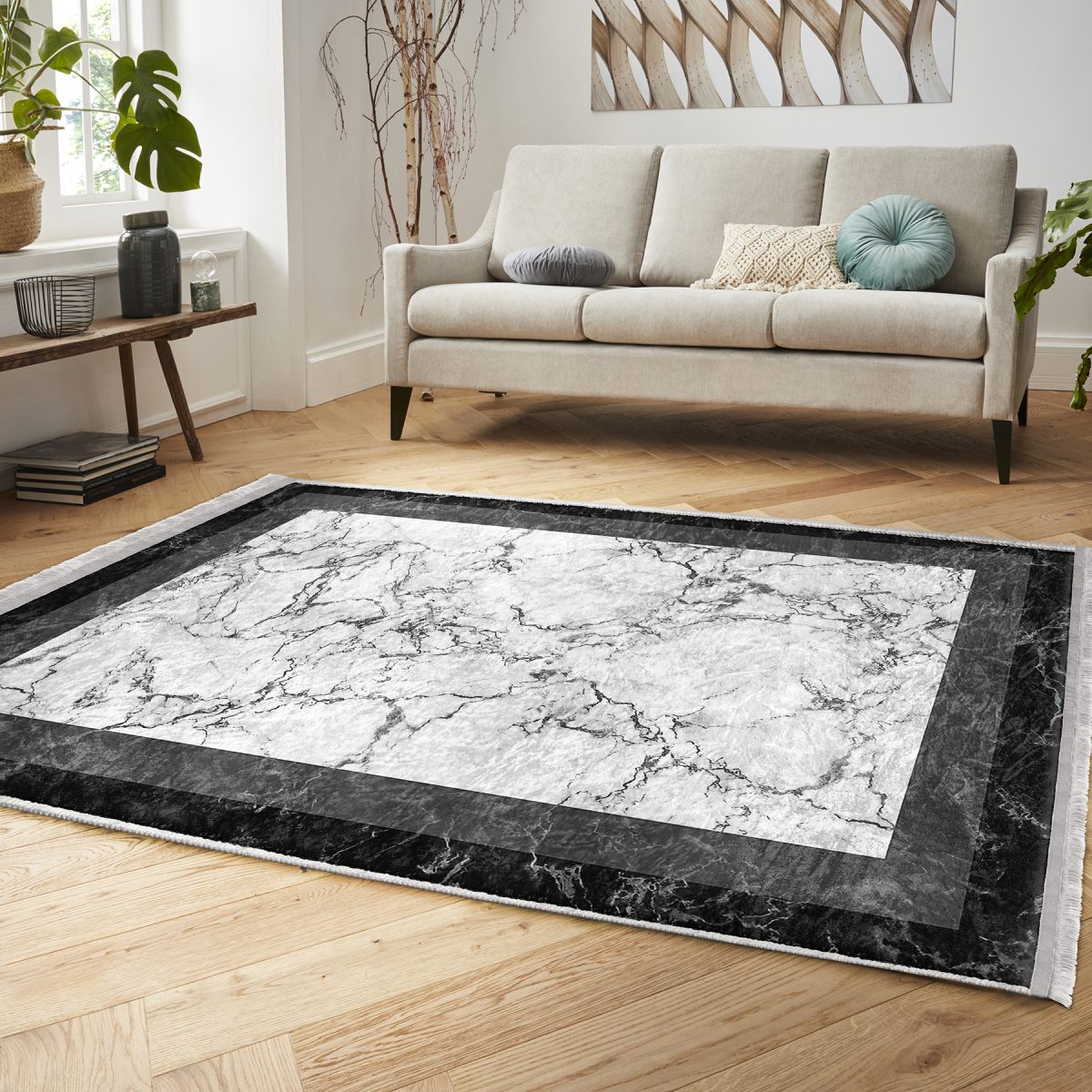 Beyaz - Siyah Zeminde Çerçeveli Motifli Mermer Desenli Geometrik Sade & Şık Salon & Oturma Odası Yatak Odası Dijital Baskılı Makinede Yıkanabilir Kaymaz Taban Saçaklı Halı Realhomes
