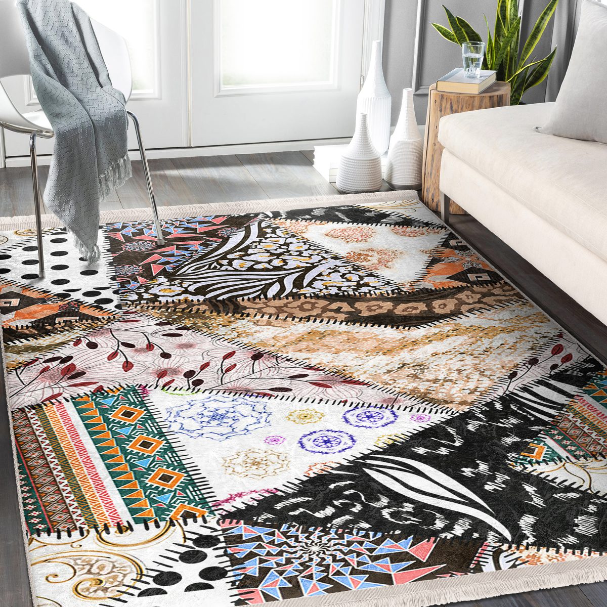 Etnik Zeminde Patchwork Motifli Geleneksel Desenli Vintage Klasik Salon & Oturma Odası Mutfak Dijital Baskılı Makinede Yıkanabilir Kaymaz Taban Saçaklı Halı Realhomes