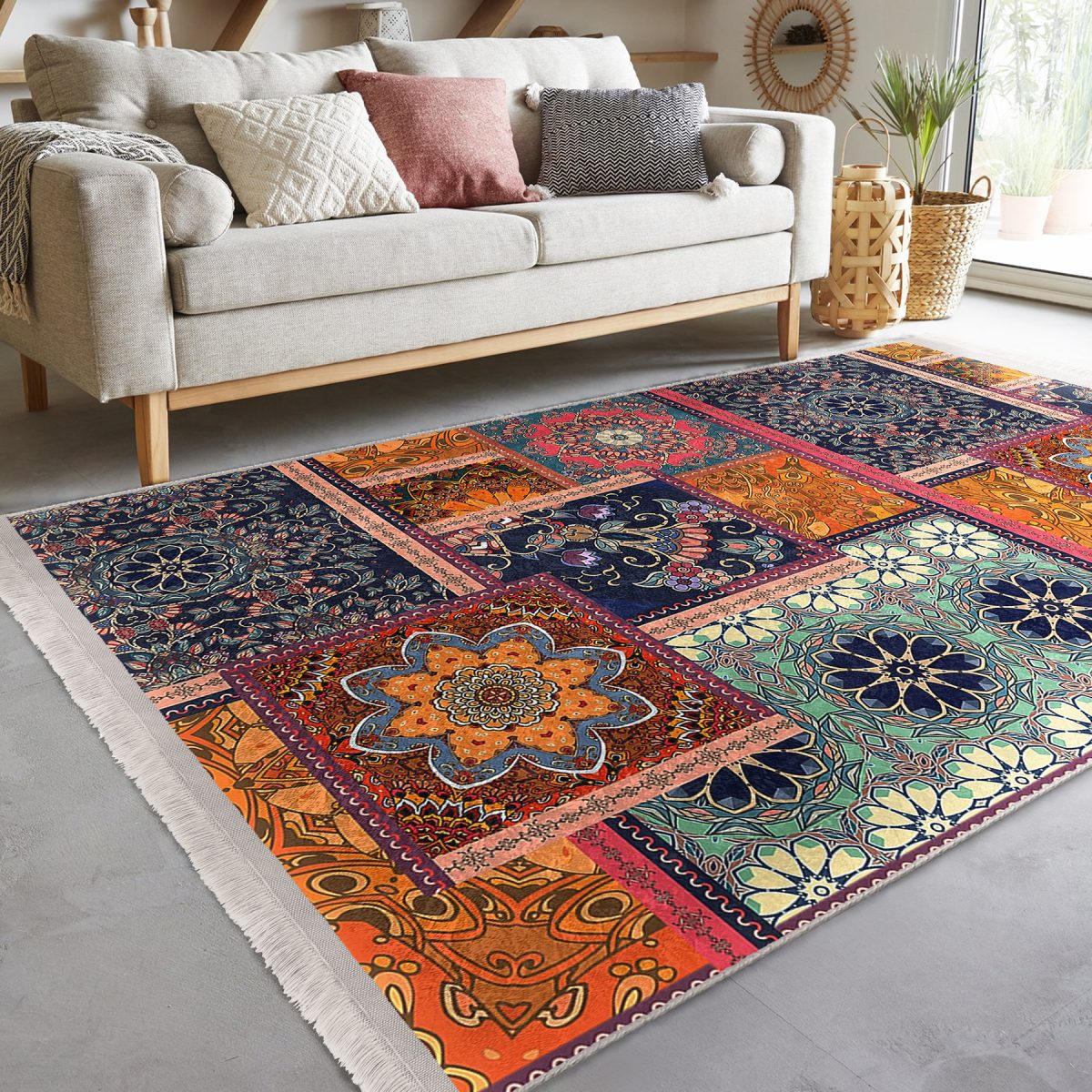 Floral Zeminde Patchwork Motifli Otantik Desenli Vintage Geometrik Salon & Oturma Odası Mutfak Dijital Baskılı Makinede Yıkanabilir Kaymaz Taban Saçaklı Halı Realhomes