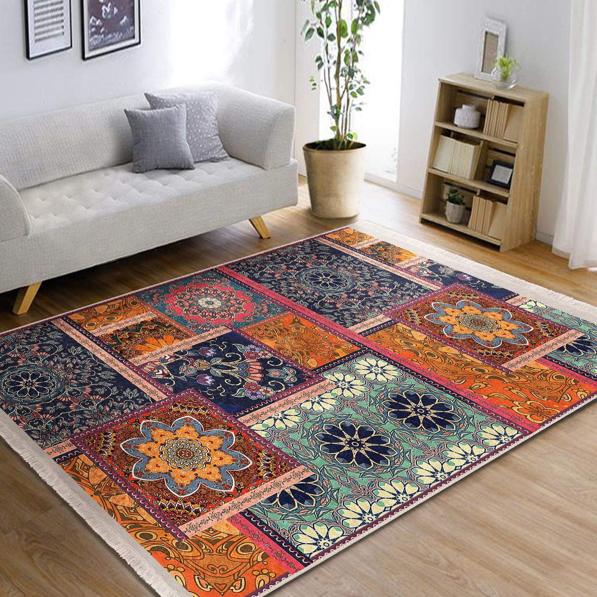 Floral Zeminde Patchwork Motifli Otantik Desenli Vintage Geometrik Salon & Oturma Odası Mutfak Dijital Baskılı Makinede Yıkanabilir Kaymaz Taban Saçaklı Halı Realhomes