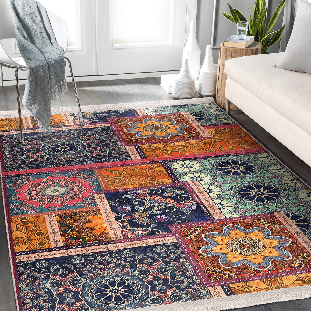 Floral Zeminde Patchwork Motifli Otantik Desenli Vintage Geometrik Salon & Oturma Odası Mutfak Dijital Baskılı Makinede Yıkanabilir Kaymaz Taban Saçaklı Halı Realhomes