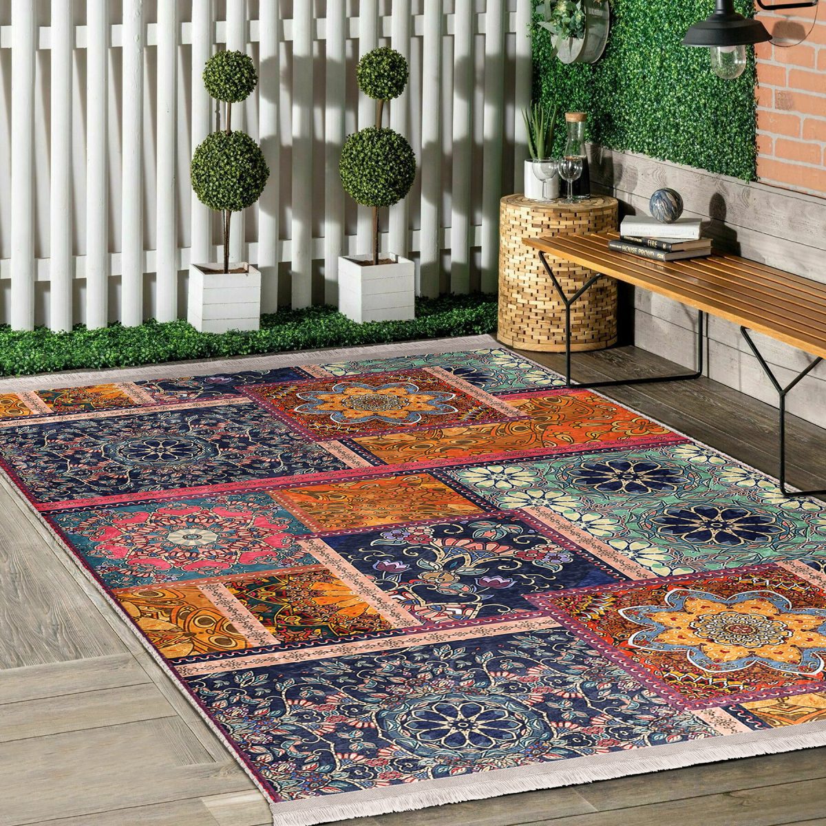 Floral Zeminde Patchwork Motifli Otantik Desenli Vintage Geometrik Salon & Oturma Odası Mutfak Dijital Baskılı Makinede Yıkanabilir Kaymaz Taban Saçaklı Halı Realhomes