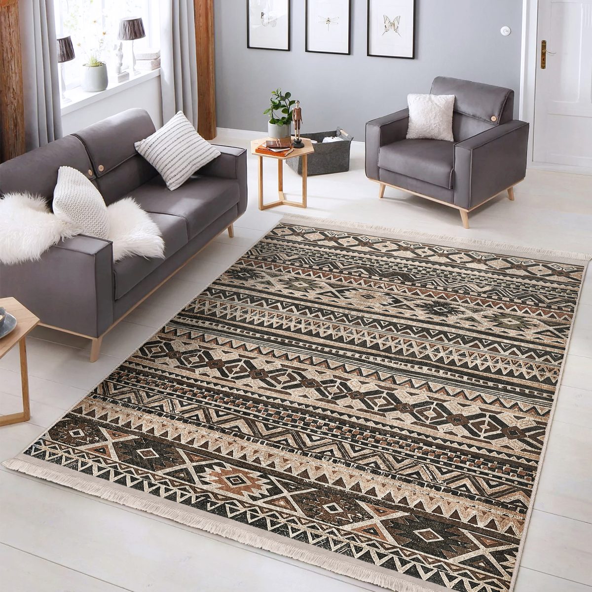 Kahverengi - Krem Zeminde Geleneksel Motifli Kilim Desenli Etnik Motifler Geometrik Salon & Oturma Odası Mutfak Dijital Baskılı Makinede Yıkanabilir Kaymaz Taban Saçaklı Halı Realhomes