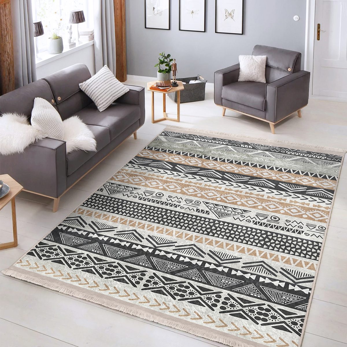 Krem - Gri Zeminde İskandinav Motifli Kilim Desenli Geometrik Etnik Motifler Mutfak Salon & Oturma Odası Dijital Baskılı Makinede Yıkanabilir Kaymaz Taban Saçaklı Halı Realhomes