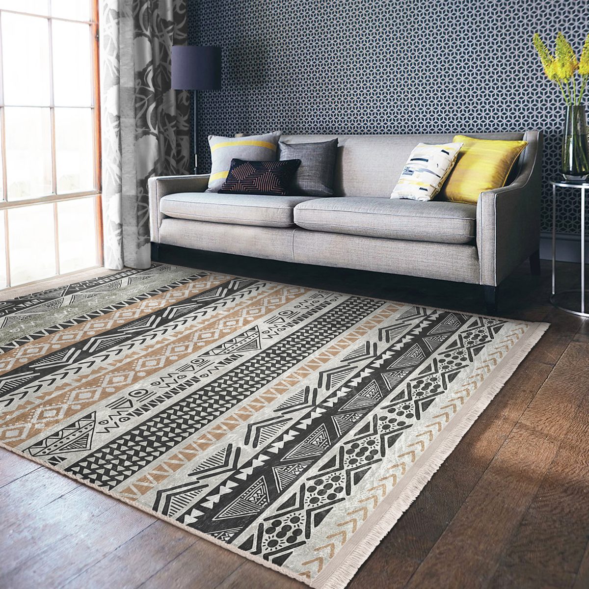 Krem - Gri Zeminde İskandinav Motifli Kilim Desenli Geometrik Etnik Motifler Mutfak Salon & Oturma Odası Dijital Baskılı Makinede Yıkanabilir Kaymaz Taban Saçaklı Halı Realhomes