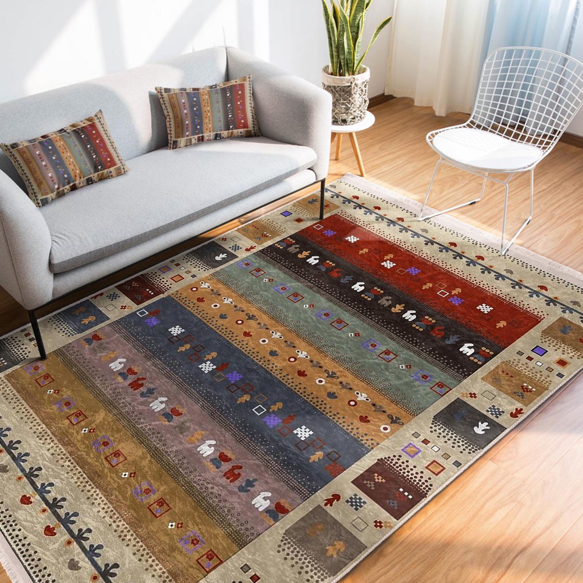 Krem - Kırmızı Zeminde Otantik Motifli Kilim Desenli Etnik Motifler Vintage Salon & Oturma Odası Yatak Odası Dijital Baskılı Makinede Yıkanabilir Kaymaz Taban Saçaklı Halı Realhomes