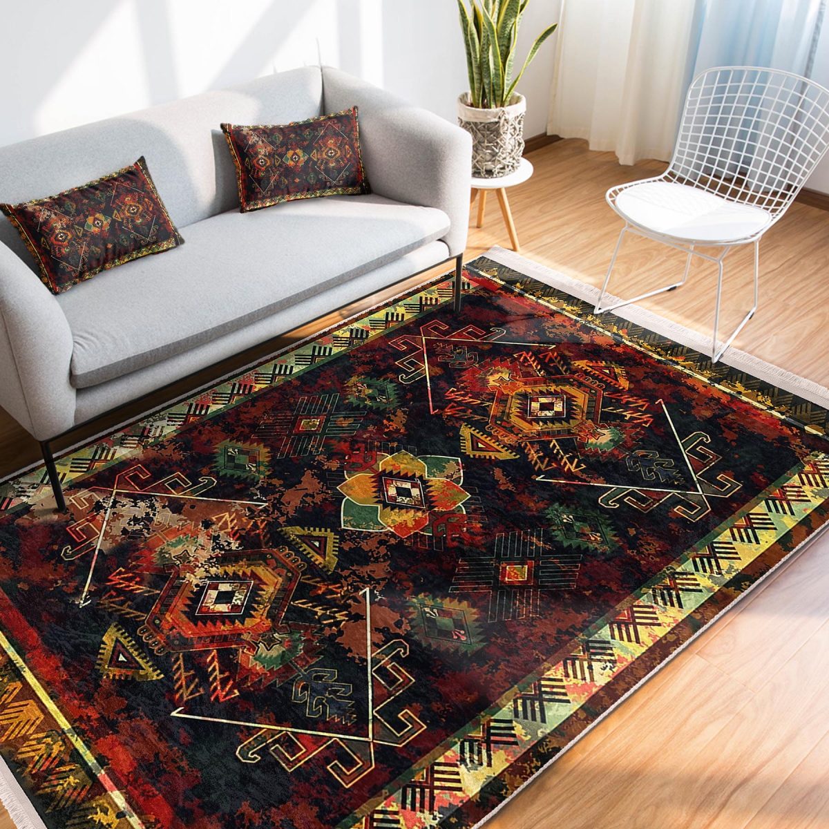 Lacivert Zeminde Eskitme Motifli Kilim Desenli Eskitme Motifli Etnik Motifler Salon & Oturma Odası Dış Mekan & Outdoor Dijital Baskılı Makinede Yıkanabilir Kaymaz Taban Saçaklı Halı Realhomes