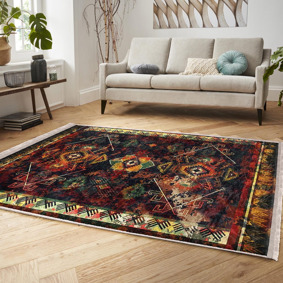 Lacivert Zeminde Eskitme Motifli Kilim Desenli Eskitme Motifli Etnik Motifler Salon & Oturma Odası Dış Mekan & Outdoor Dijital Baskılı Makinede Yıkanabilir Kaymaz Taban Saçaklı Halı Realhomes