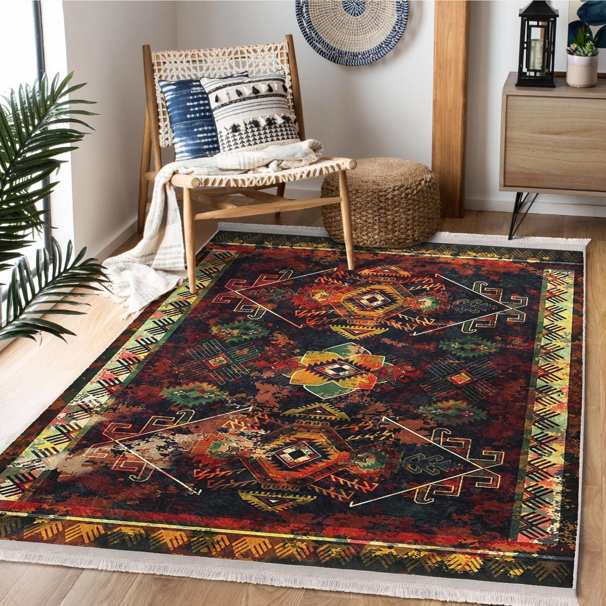 Lacivert Zeminde Eskitme Motifli Kilim Desenli Eskitme Motifli Etnik Motifler Salon & Oturma Odası Dış Mekan & Outdoor Dijital Baskılı Makinede Yıkanabilir Kaymaz Taban Saçaklı Halı Realhomes