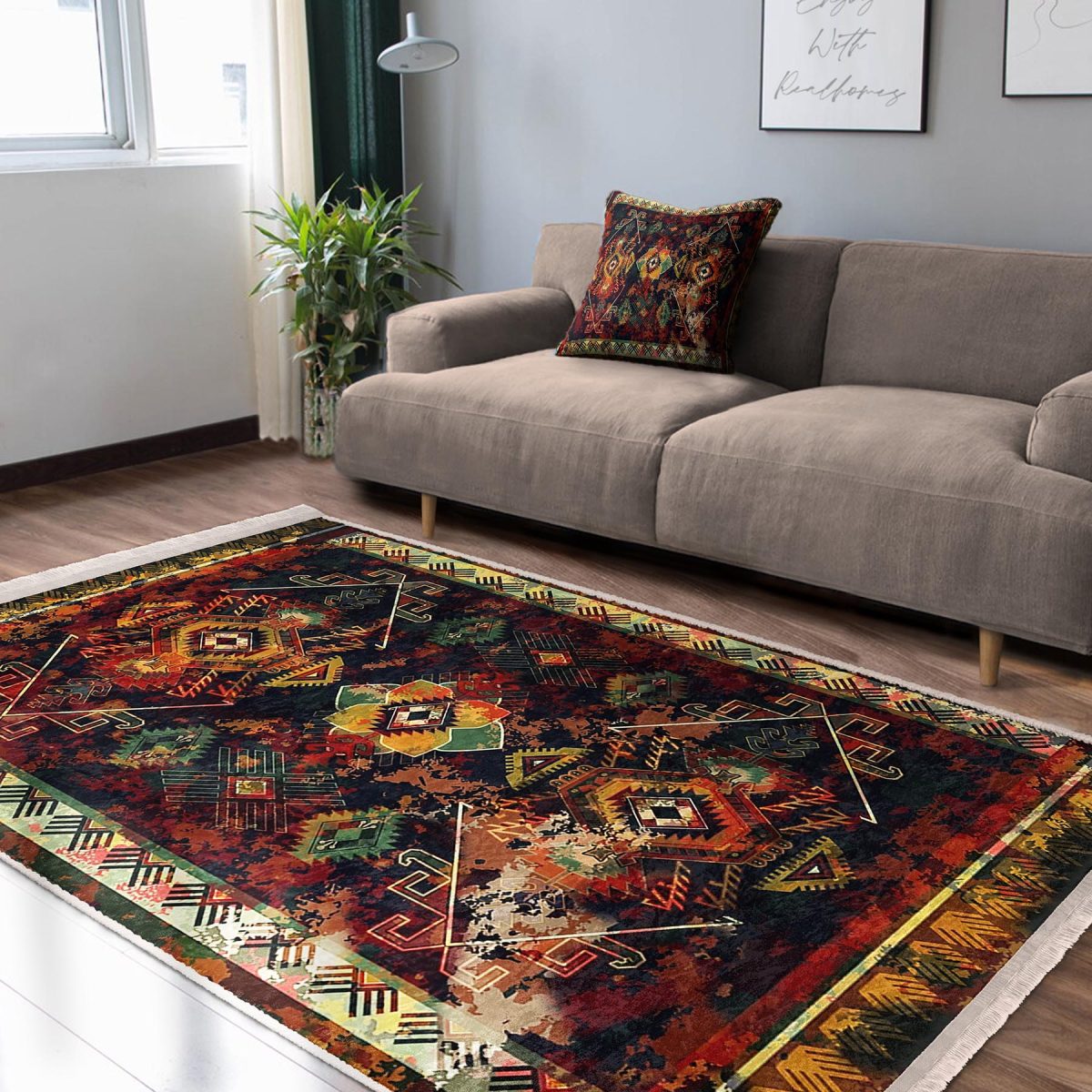 Lacivert Zeminde Eskitme Motifli Kilim Desenli Eskitme Motifli Etnik Motifler Salon & Oturma Odası Dış Mekan & Outdoor Dijital Baskılı Makinede Yıkanabilir Kaymaz Taban Saçaklı Halı Realhomes