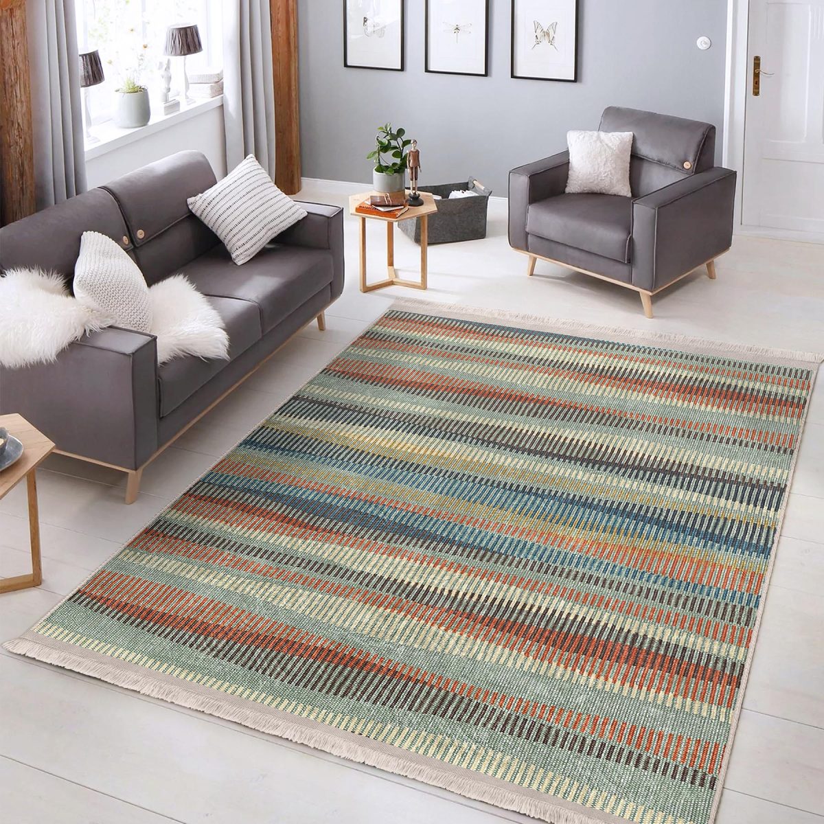 Patchwork Zeminde Örme Motifli Kilim Desenli Sade & Şık Klasik Salon & Oturma Odası Koridor & Antre Dijital Baskılı Makinede Yıkanabilir Kaymaz Taban Saçaklı Halı Realhomes