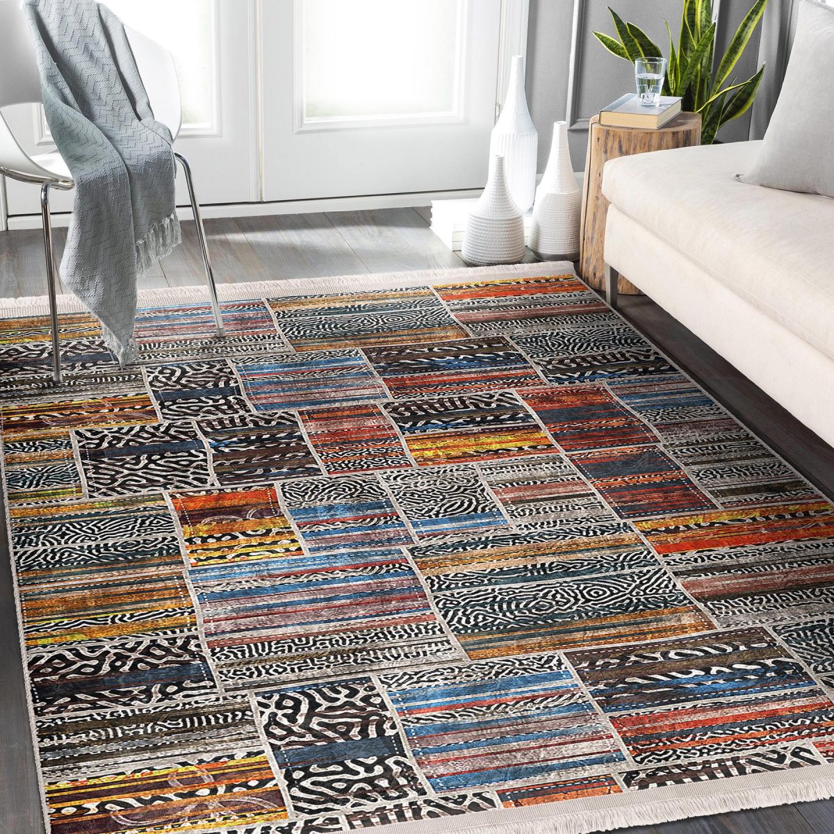 Eskitme Zeminde Patchwork Motifli Geleneksel Desenli Vintage Klasik Salon & Oturma Odası Koridor & Antre Dijital Baskılı Makinede Yıkanabilir Kaymaz Taban Saçaklı Halı Realhomes