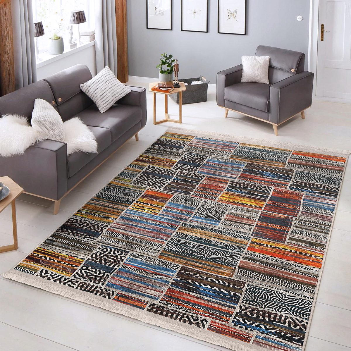 Eskitme Zeminde Patchwork Motifli Geleneksel Desenli Vintage Klasik Salon & Oturma Odası Koridor & Antre Dijital Baskılı Makinede Yıkanabilir Kaymaz Taban Saçaklı Halı Realhomes