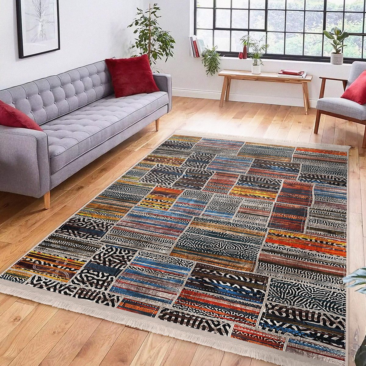 Eskitme Zeminde Patchwork Motifli Geleneksel Desenli Vintage Klasik Salon & Oturma Odası Koridor & Antre Dijital Baskılı Makinede Yıkanabilir Kaymaz Taban Saçaklı Halı Realhomes