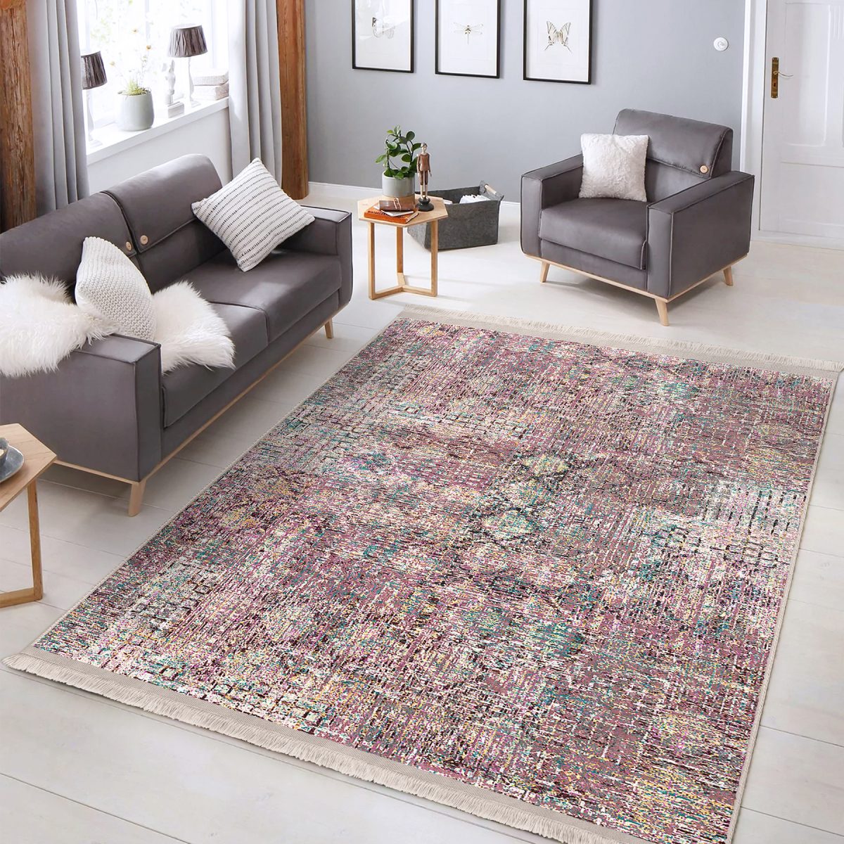 Eskitme Zeminde Dokuma Motifli Kilim Desenli Vintage Eskitme Motifli Salon & Oturma Odası Koridor & Antre Dijital Baskılı Makinede Yıkanabilir Kaymaz Taban Saçaklı Halı Realhomes