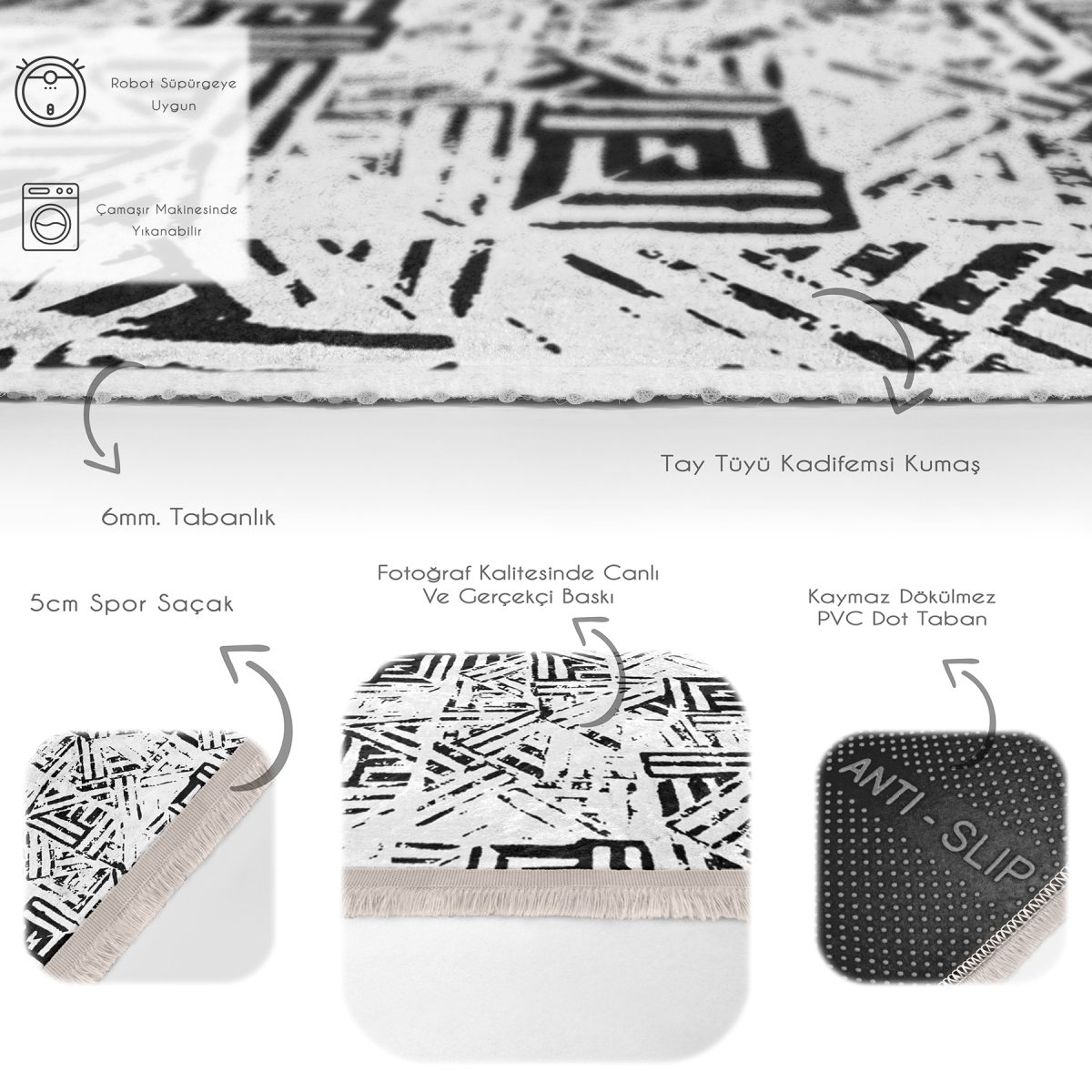 Siyah - Beyaz Zeminde Geometrik Motifli Eskitme Desenli Geometrik Eskitme Motifli Salon & Oturma Odası Koridor & Antre Dijital Baskılı Makinede Yıkanabilir Kaymaz Taban Saçaklı Halı Realhomes