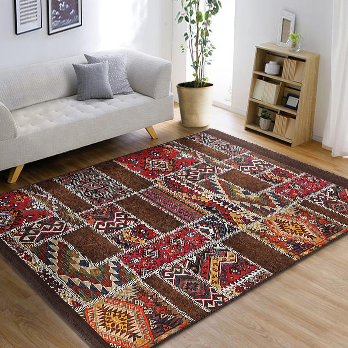 Kırmızı Zeminde Patchwork Motifli Etnik Desenli Etnik Motifler Vintage Salon & Oturma Odası Yatak Odası Dijital Baskılı Makinede Yıkanabilir Kaymaz Taban Saçaklı Halı Realhomes