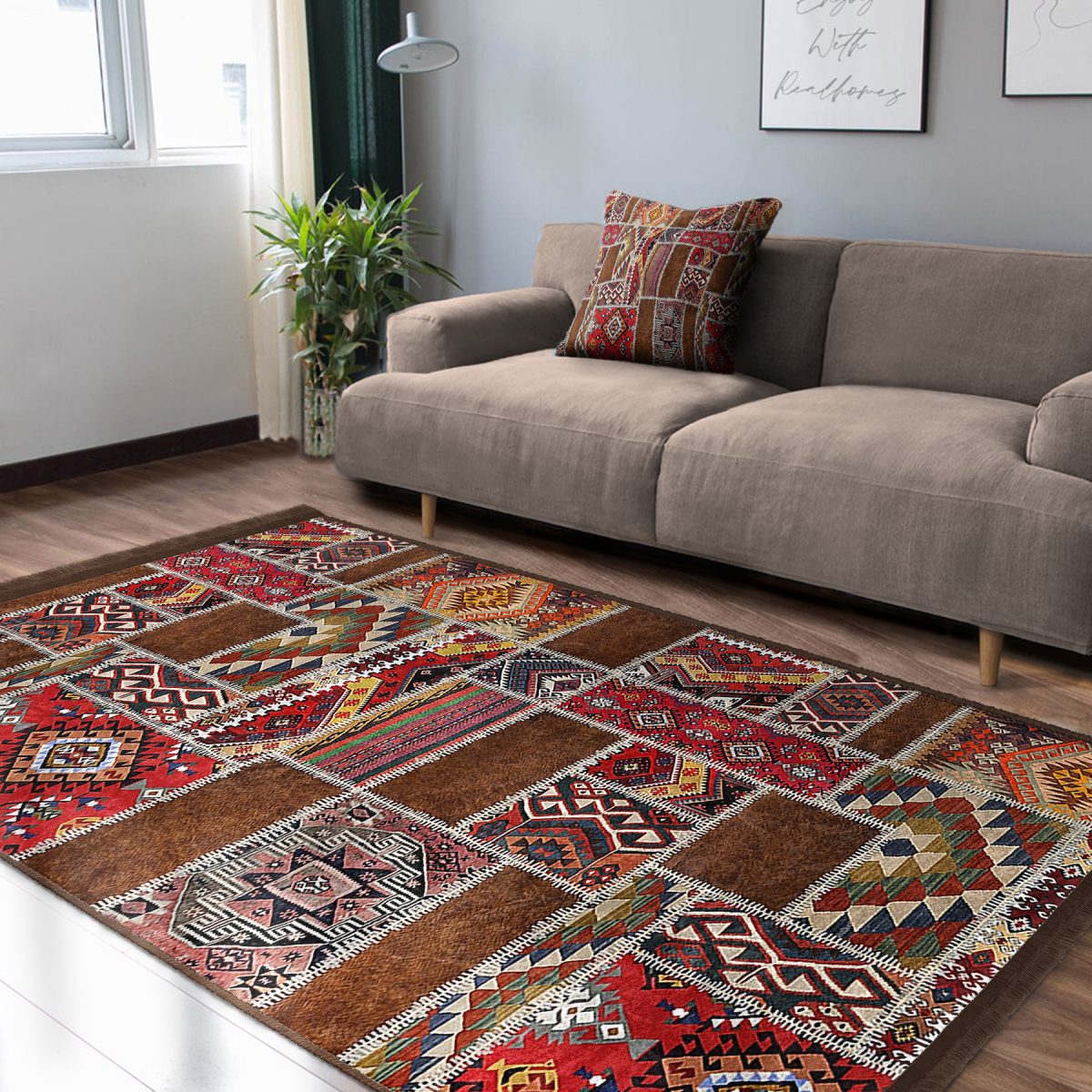 Kırmızı Zeminde Patchwork Motifli Etnik Desenli Etnik Motifler Vintage Salon & Oturma Odası Yatak Odası Dijital Baskılı Makinede Yıkanabilir Kaymaz Taban Saçaklı Halı Realhomes