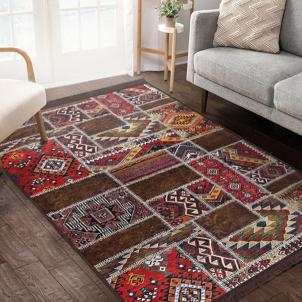 Kırmızı Zeminde Patchwork Motifli Etnik Desenli Etnik Motifler Vintage Salon & Oturma Odası Yatak Odası Dijital Baskılı Makinede Yıkanabilir Kaymaz Taban Saçaklı Halı Realhomes