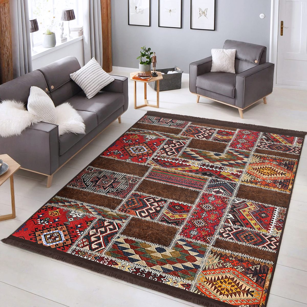 Kırmızı Zeminde Patchwork Motifli Etnik Desenli Etnik Motifler Vintage Salon & Oturma Odası Yatak Odası Dijital Baskılı Makinede Yıkanabilir Kaymaz Taban Saçaklı Halı Realhomes