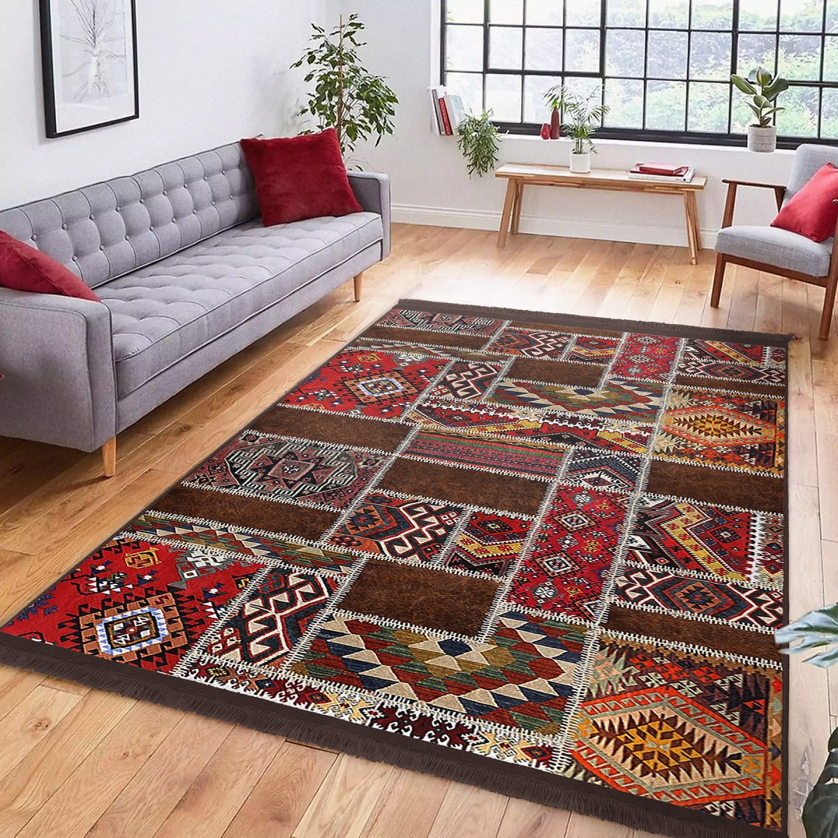 Kırmızı Zeminde Patchwork Motifli Etnik Desenli Etnik Motifler Vintage Salon & Oturma Odası Yatak Odası Dijital Baskılı Makinede Yıkanabilir Kaymaz Taban Saçaklı Halı Realhomes