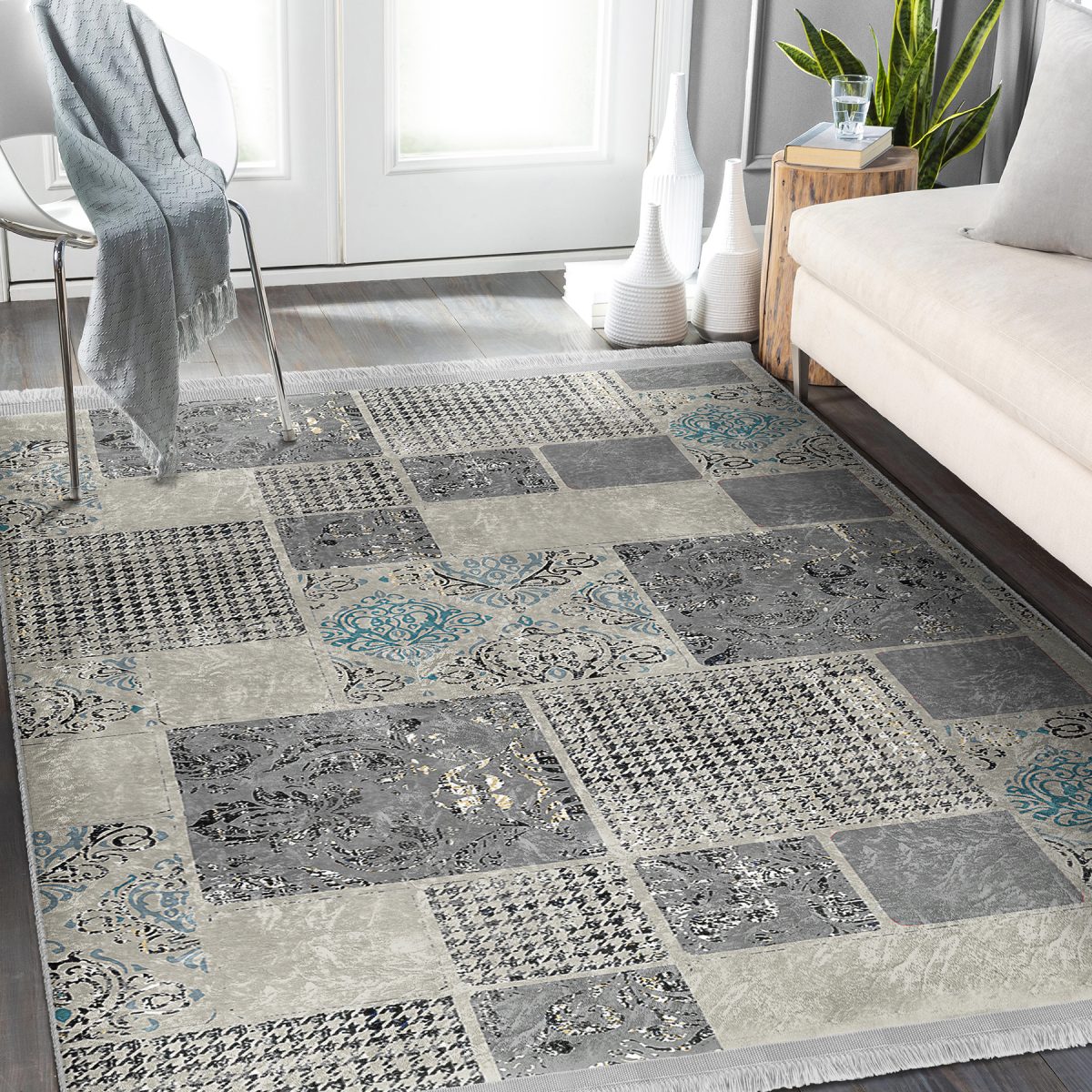 Gri - Bej Zeminde Patchwork Motifli Kazayağı Desenli Eskitme Motifli Vintage Yatak Odası Salon & Oturma Odası Dijital Baskılı Makinede Yıkanabilir Kaymaz Taban Saçaklı Halı Realhomes